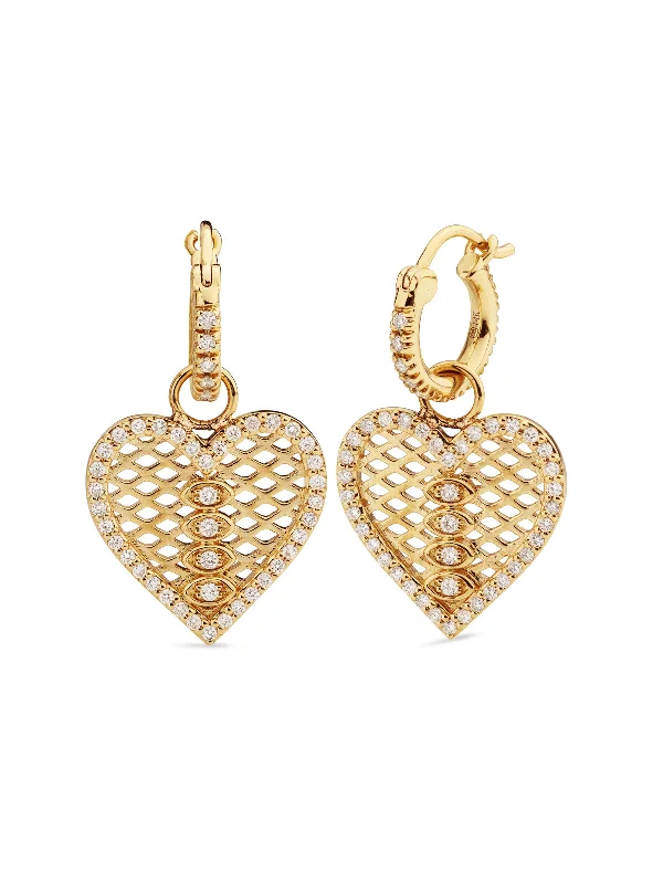 Marquise Eye Fishnet Heart Yellow Gold Huggie Hoop Earrings