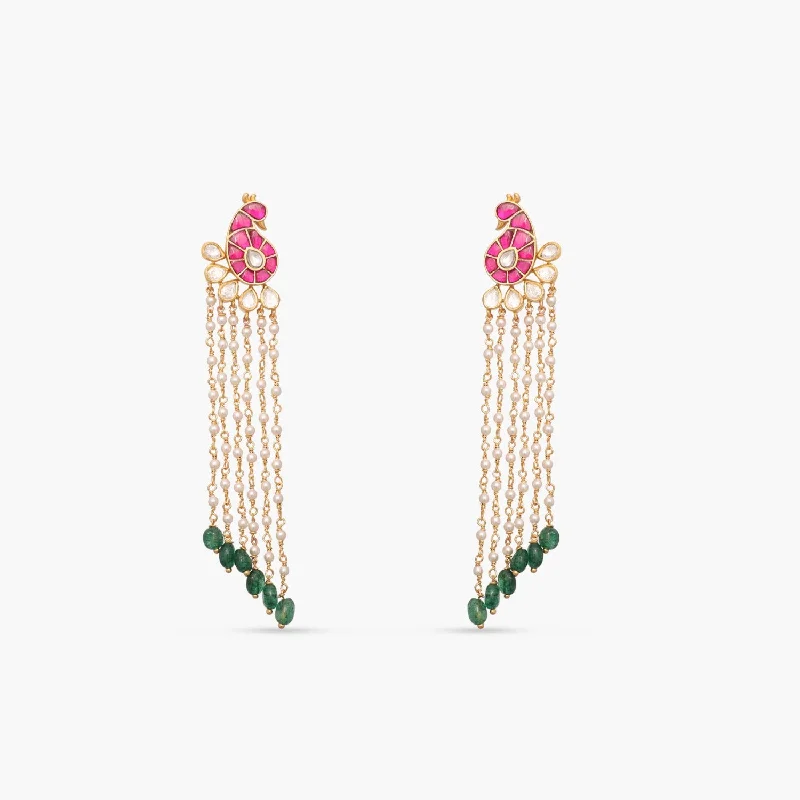 Mayur Jadau and Pearl chain Silver Earrings