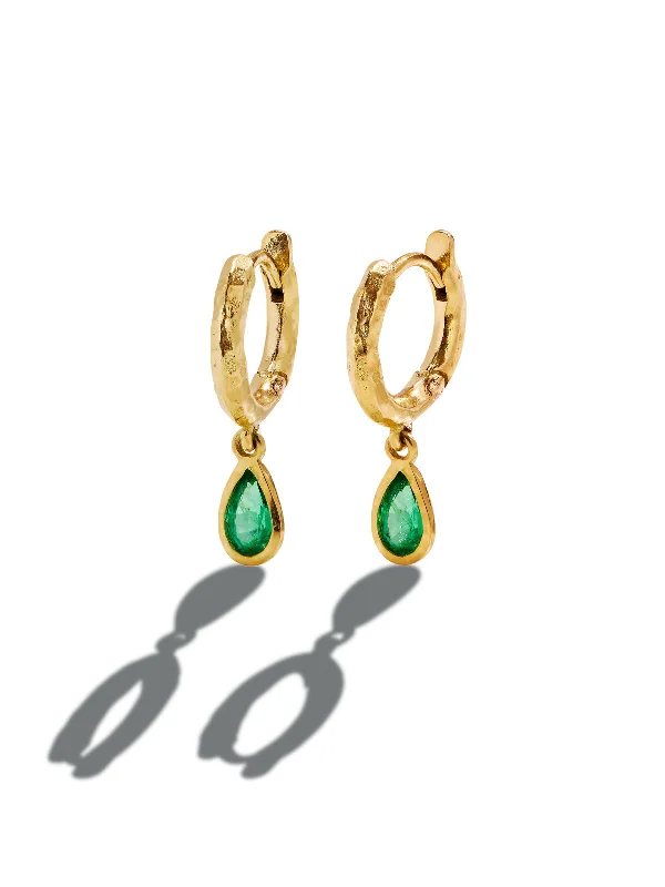 Nano Emerald Pear Charmed Micro Gabby Yellow Gold Hoops