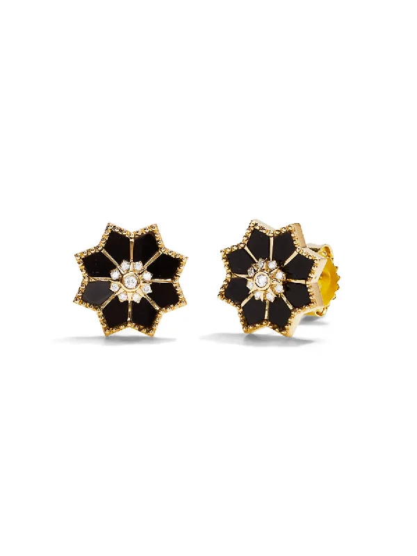 Onyx & Diamond Sacred Flower Yellow Gold Stud Earrings