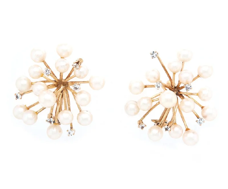 modern hexagon stud earrings Pearl and 0.30ctw Diamond Cluster Spike Clip On Earrings in 14K