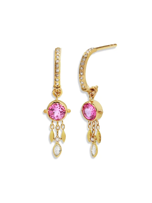 Pink Tourmaline and Dangling Diamonds Yellow Gold Hoop Earrings