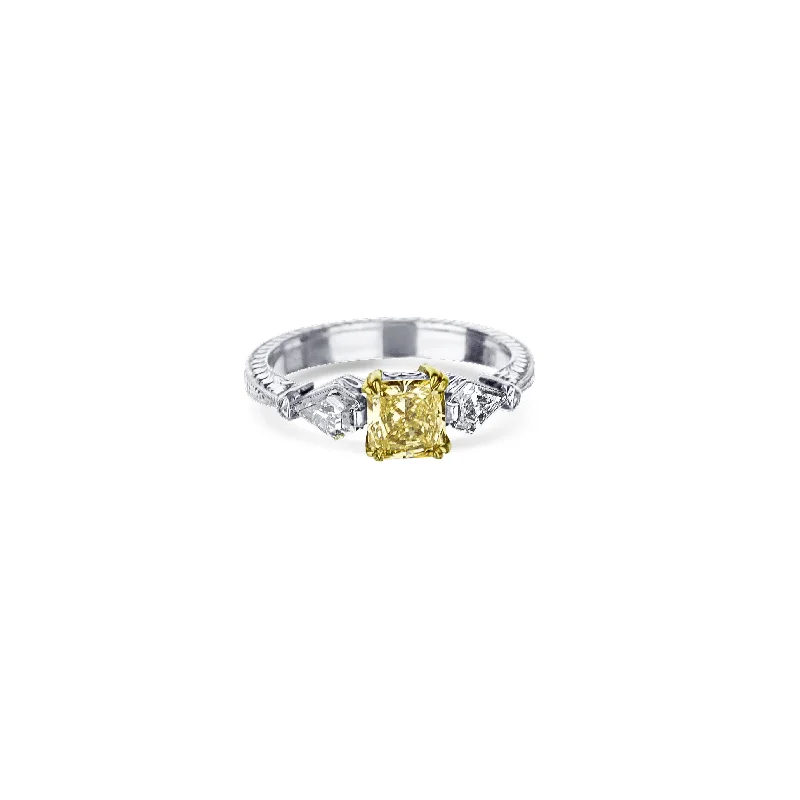 Platinum And 18K Yellow Gold Square Radiant-Cut Fancy Intense Yellow Diamond Engagement Ring With Hand-Engraving