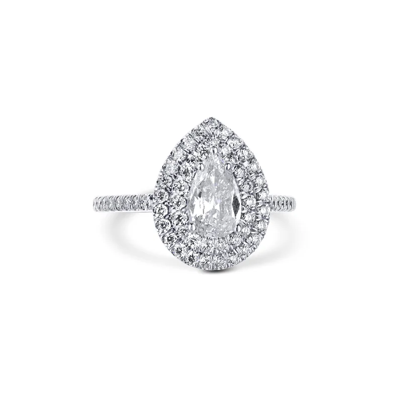 Platinum Double Halo With A 0.79 Carat Pear Diamond Ring