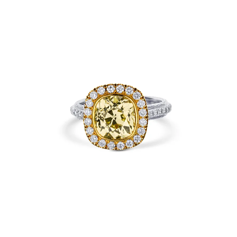 Platinum Old Mine Brilliant Cut Diamond Engagement Ring With Yellow Gold Halo