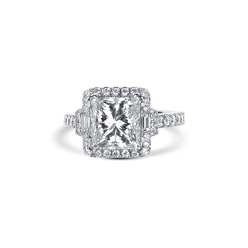 Platinum Square Modified Brilliant 4.01Ct Gia I/Vs1, With Trapezoid Side Stones & Halo Engagement Ring