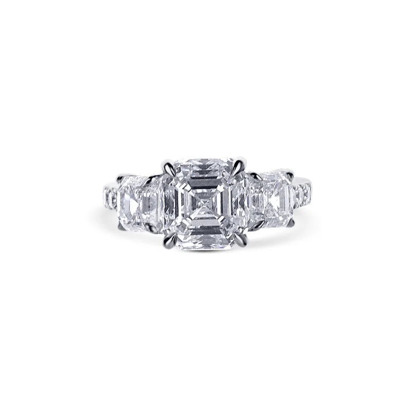 Platinum Three Stone Square Asscher Cut And 2 Accent Asscher Cut Diamond Engagement Ring