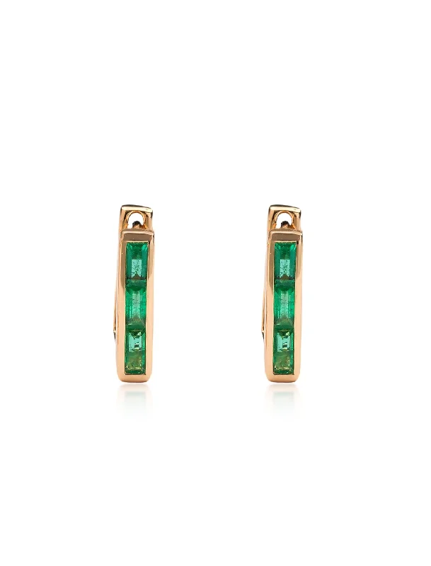 Skinny Square Huggie, 14K Yellow Gold + Three Emerald Baguette Earrings