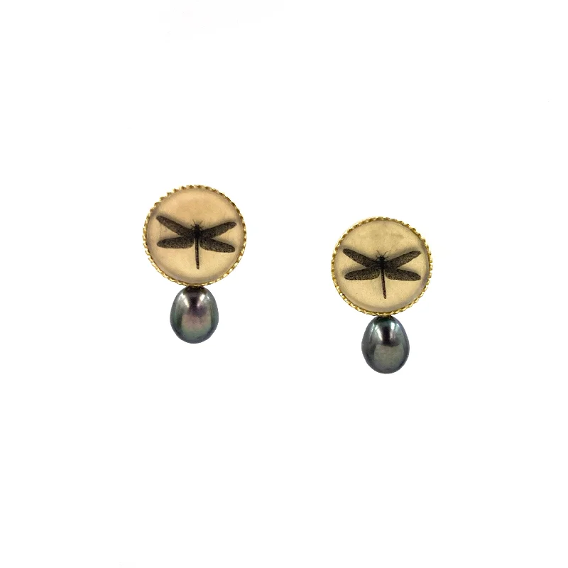 personalized couples necklace gold Round Pearlstuds, Dragonfly