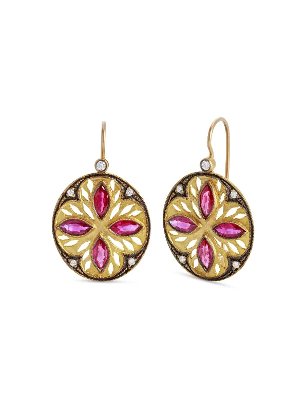 Ruby Marquise Framed Oval Cutout Yellow Gold Earrings