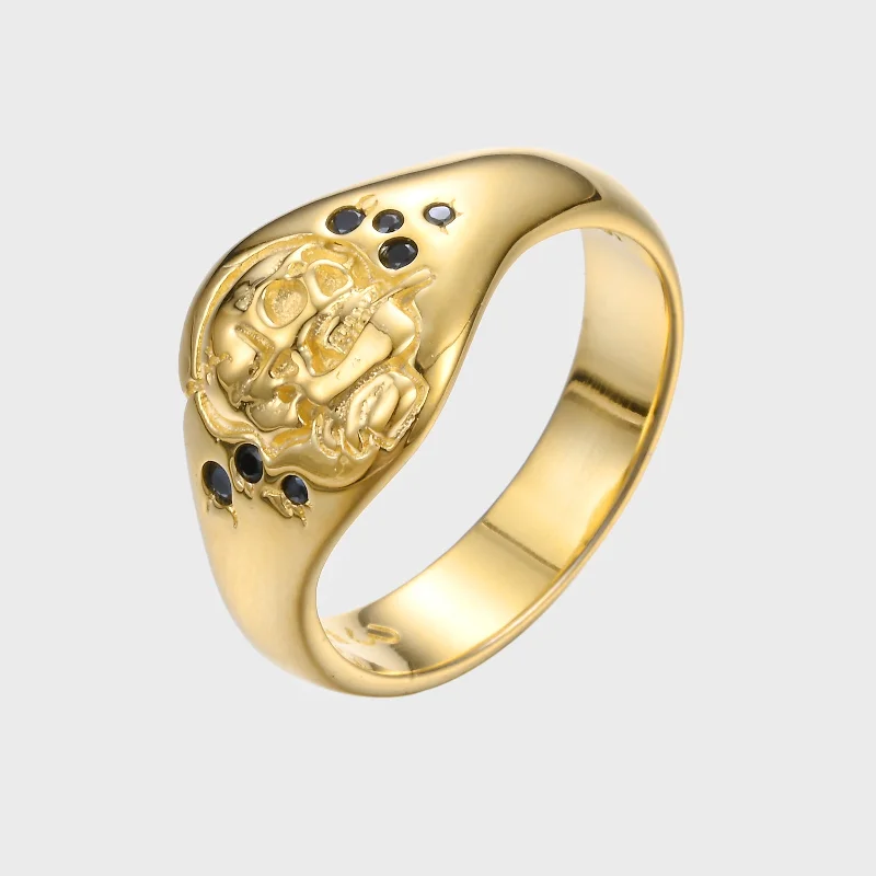 hammered sterling silver band Skull of a Skeleton with Burning Cigarette - Gold Ring BE
