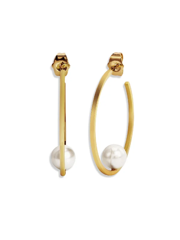 Small Floating White Pearl Yellow Gold Plated Hoop Earrings