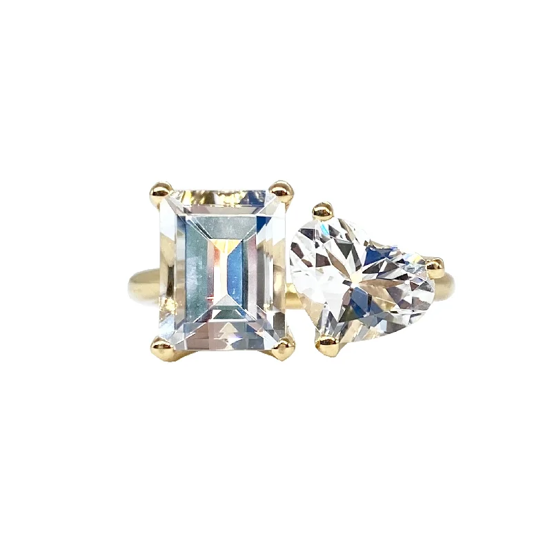 celestial star cluster earrings Small White Topaz Emerald and Heart Two-Stone Ring