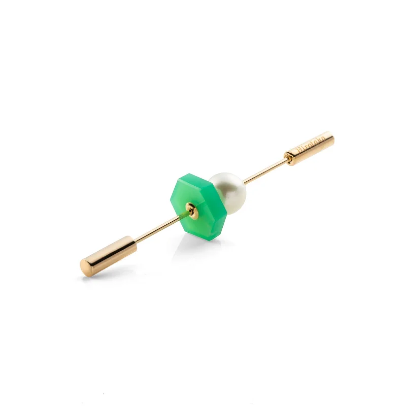 gold plated Cuban link chain "Spear" Earring, Pearl & Chrysoprase