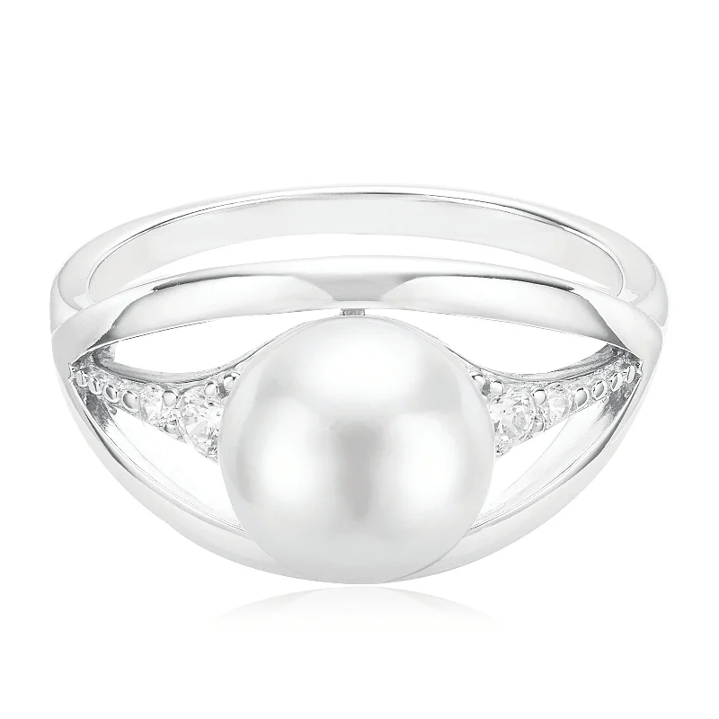 Sterling Silver with 8.5-9 mm Freshwater Pearl & Cubic Zirconia Rings