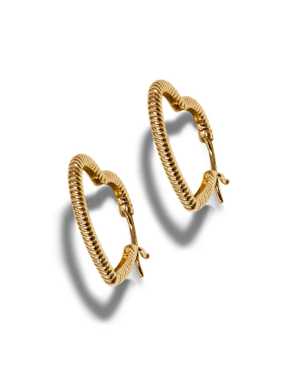 Striped Heart Yellow Gold Hoop Earrings