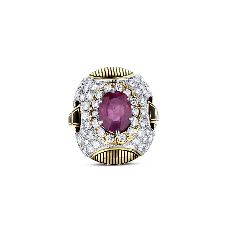 Vintage 18K Gold Domed Art Deco Style Ring With Ruby And Diamonds