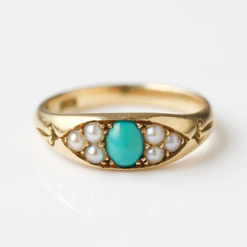 classic diamond solitaire necklace Vintage 18k Yellow Gold Turquoise and Pearl Ring - Uk Size O