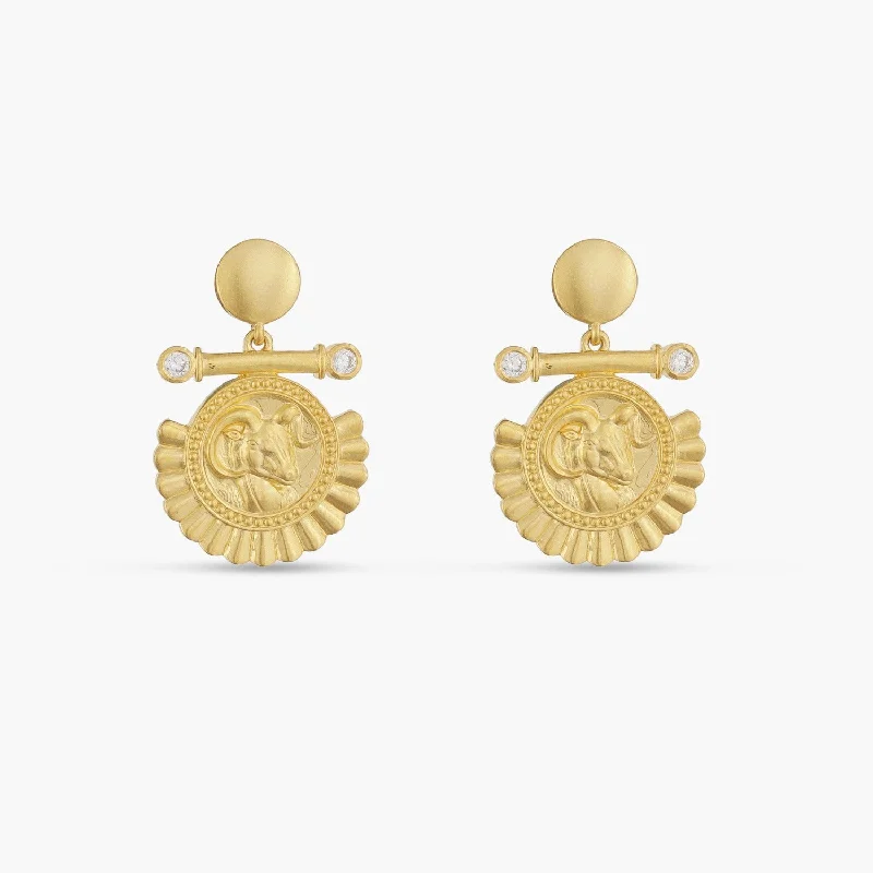 White Crystal Aries Zodiac Gold Plated Silver Earrings