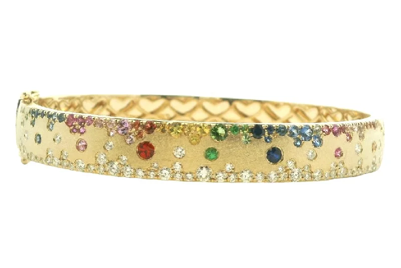 14K Yellow Multi-Gemstone and Natural Diamond Hinged Bangle Bracelet