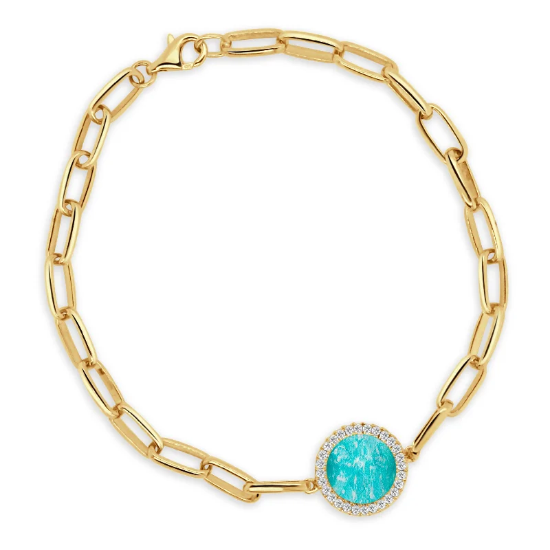 18K YELLOW GOLD DIAMOND PAPERCLIP BRACELET WITH CLEAR QUARTZ OVER AMAZONITE