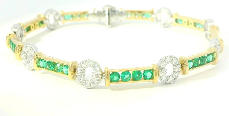 18K Yellow & White Emerald and Natural Diamond Link Bracelet