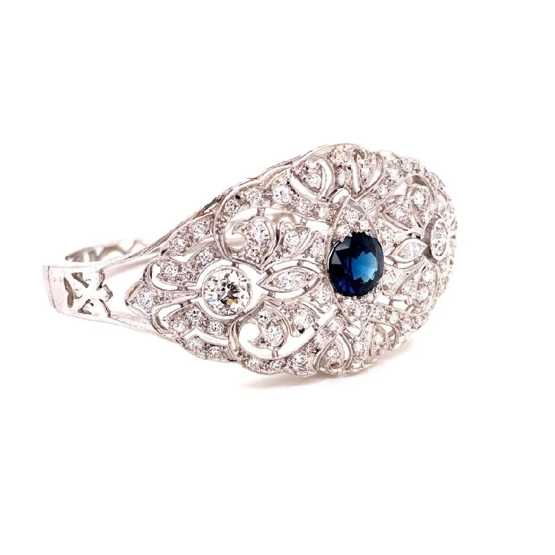 classic tennis bracelet white gold ANTIQUE FILIGREE BAR PIN BRACELET WITH SAPPHIRE AND DIAMONDS