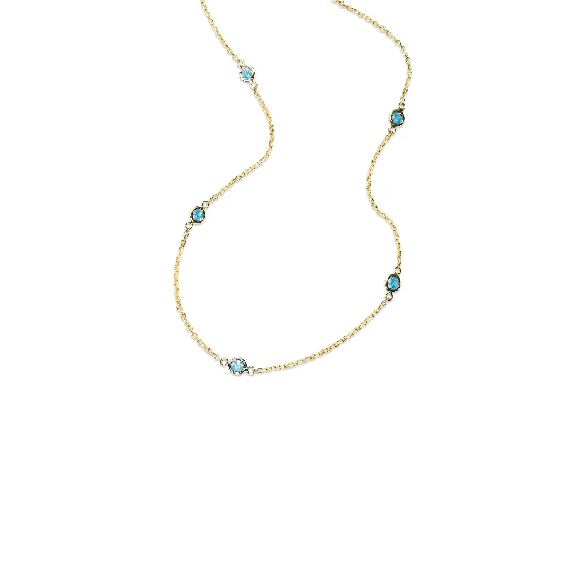 Bezel Set Blue Topaz Station Ankle Bracelet, 14K Yellow Gold