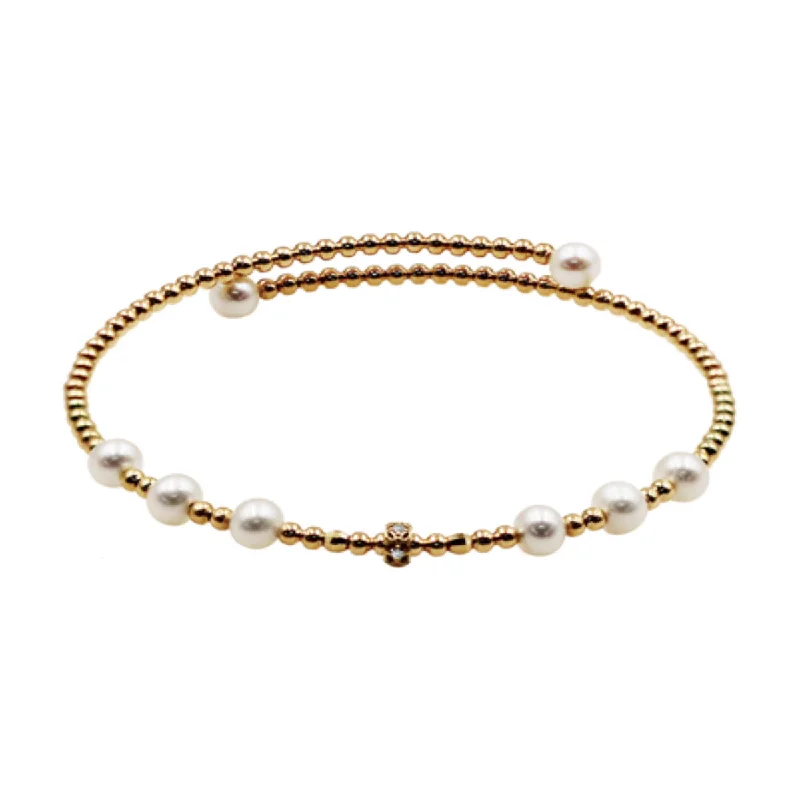 Flexible Pearl And Diamond Rondelle Adjustable 18K Yellow Gold Bracelet