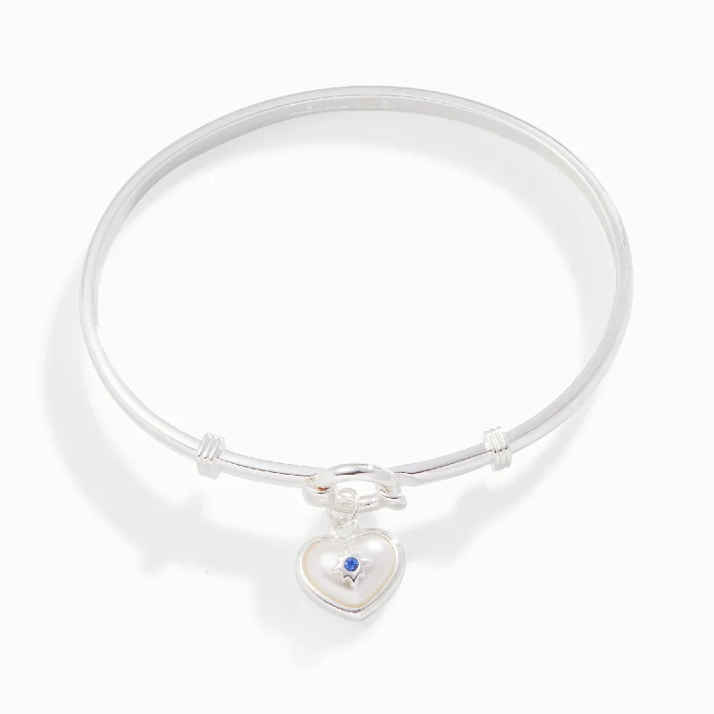 personalized ring with name Pearl Heart + Sapphire Charm Clip Bangle