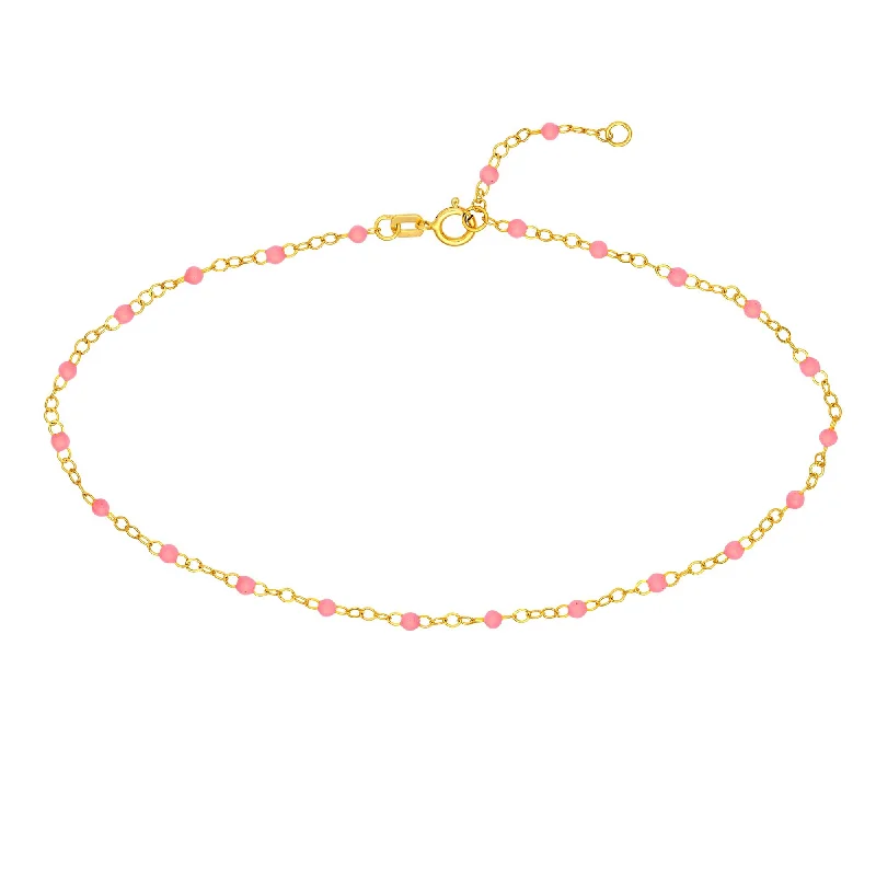 Petite Pink Enamel Station Ankle Bracelet, 14K Yellow Gold