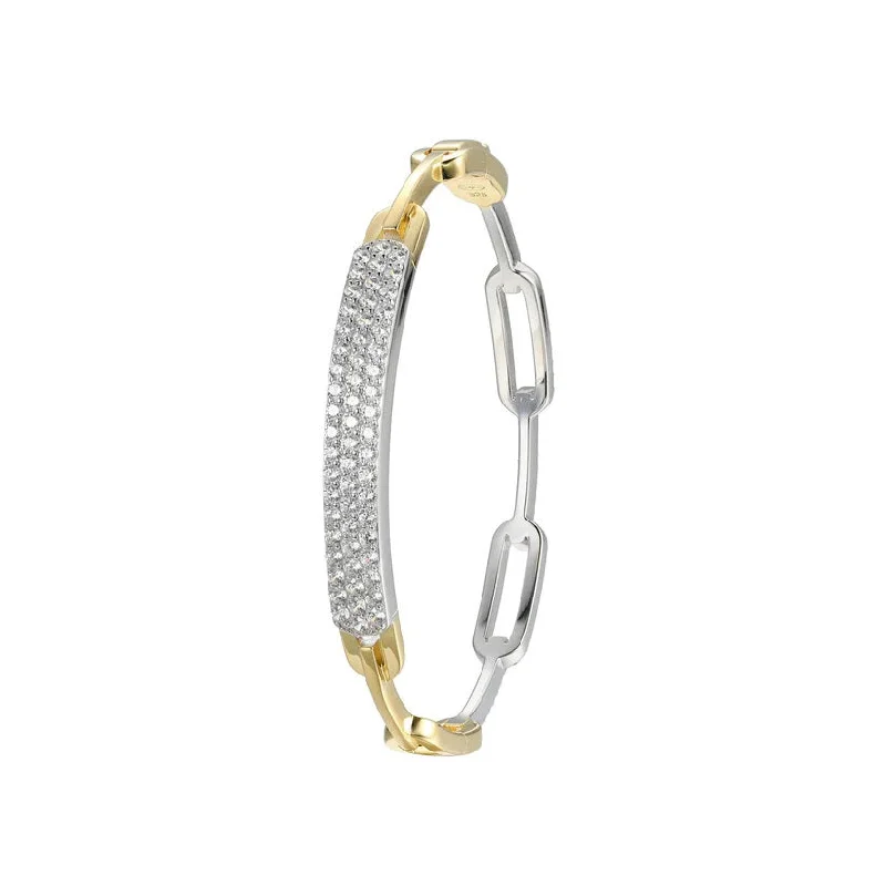 Sterling/14K Gold Finish Yellow & White Hinged Bangle Bracelet with Cubic Zirconium Size 7