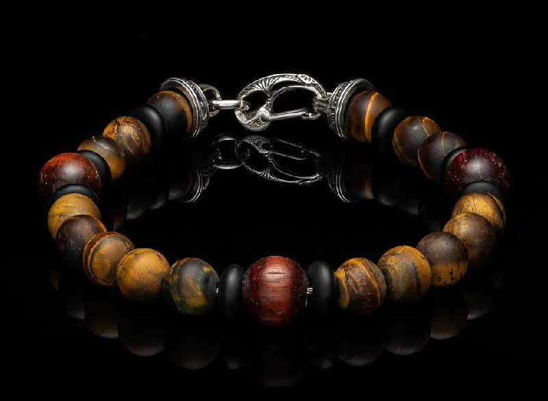 Sterling Silver "DRAGON FIRE II" Red Tiger Eye 8.5 inch Bracelet