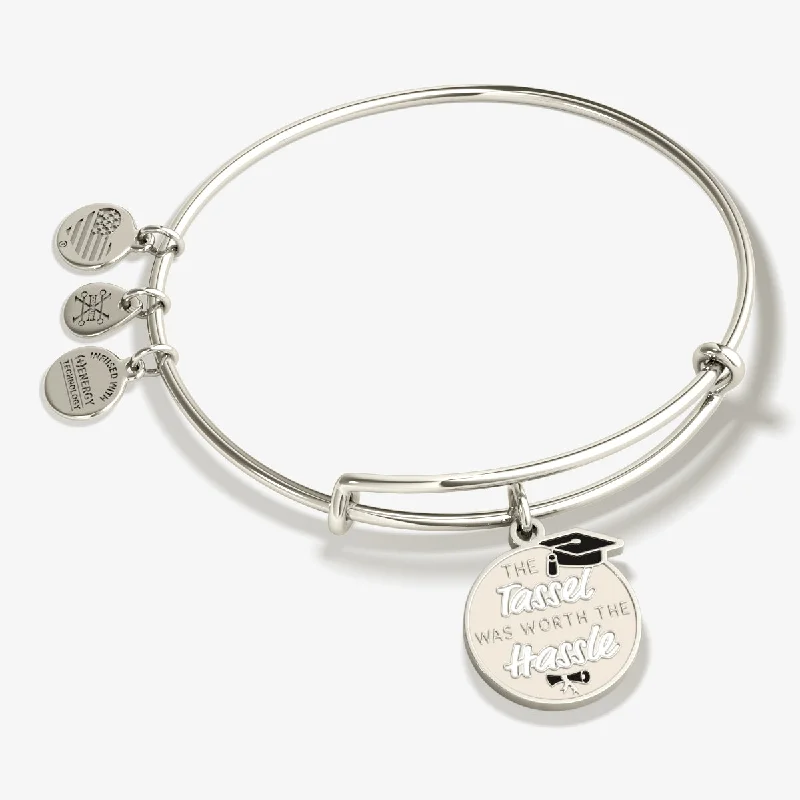 hammered sterling silver band 'The Tassel was Worth the Hassle' Graduation Charm Bangle