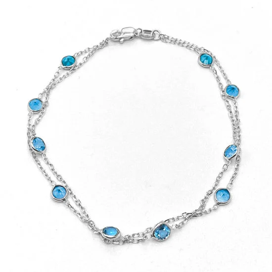 Two Strand Blue Topaz Bracelet, 7 Inches, 14K White Gold