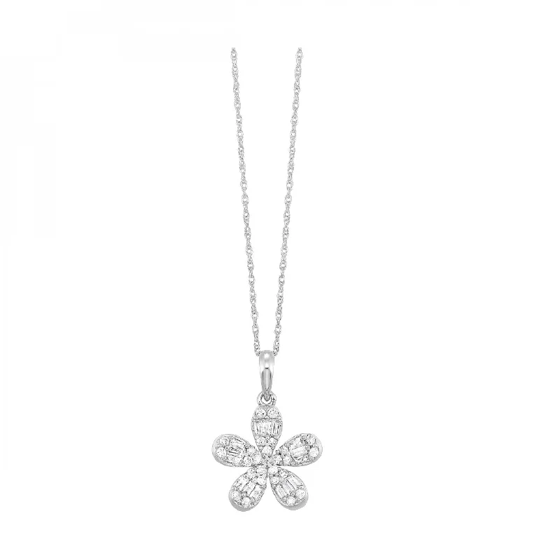 minimalist gold square earrings 10K White Gold Flower Pendant with Baguette and Round Diamonds 1/2 CTW