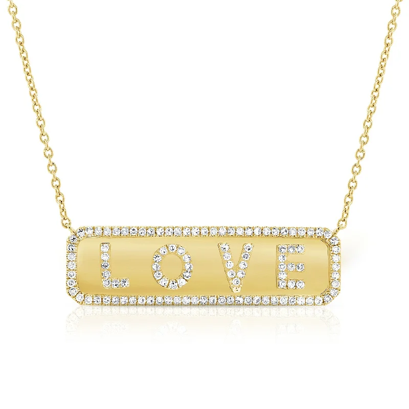bold chunky cocktail ring 14K Yellow Gold Diamond "Love" Plate Necklace