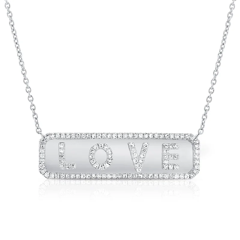 simple gold bar stud earrings 14K White Gold Diamond "Love" Plate Necklace