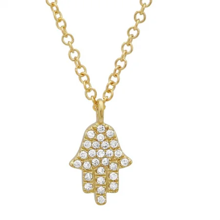 tiny diamond cross necklace 14K Yellow Gold Diamond Petite Hand of God- Hamsa Pendant  & Chain