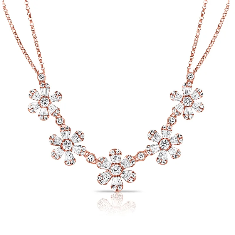 vintage floral engagement ring 14K Rose Gold Baguette Diamond (5) Flower Necklace