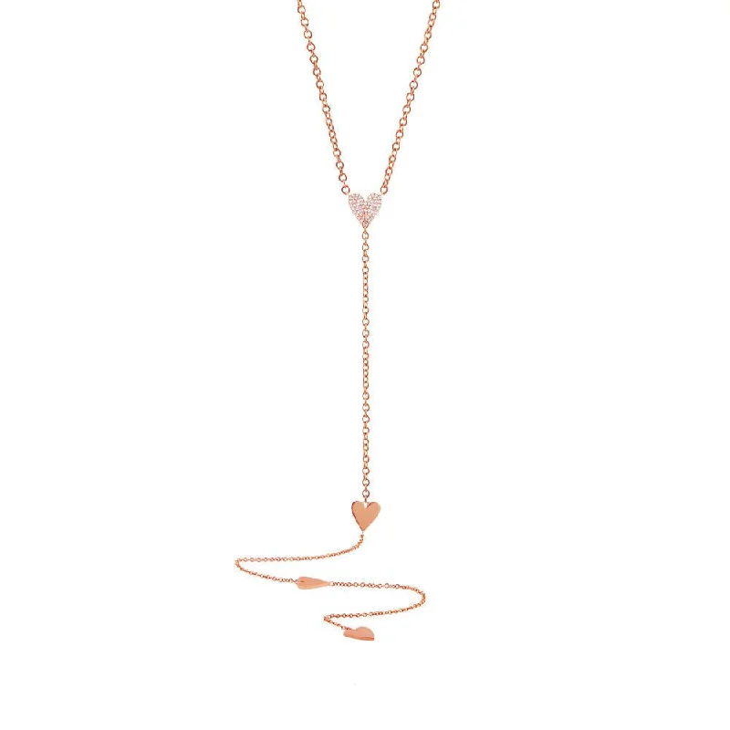 gold bar earrings minimalist 14K Rose Gold Pave Heart Lariat Necklace