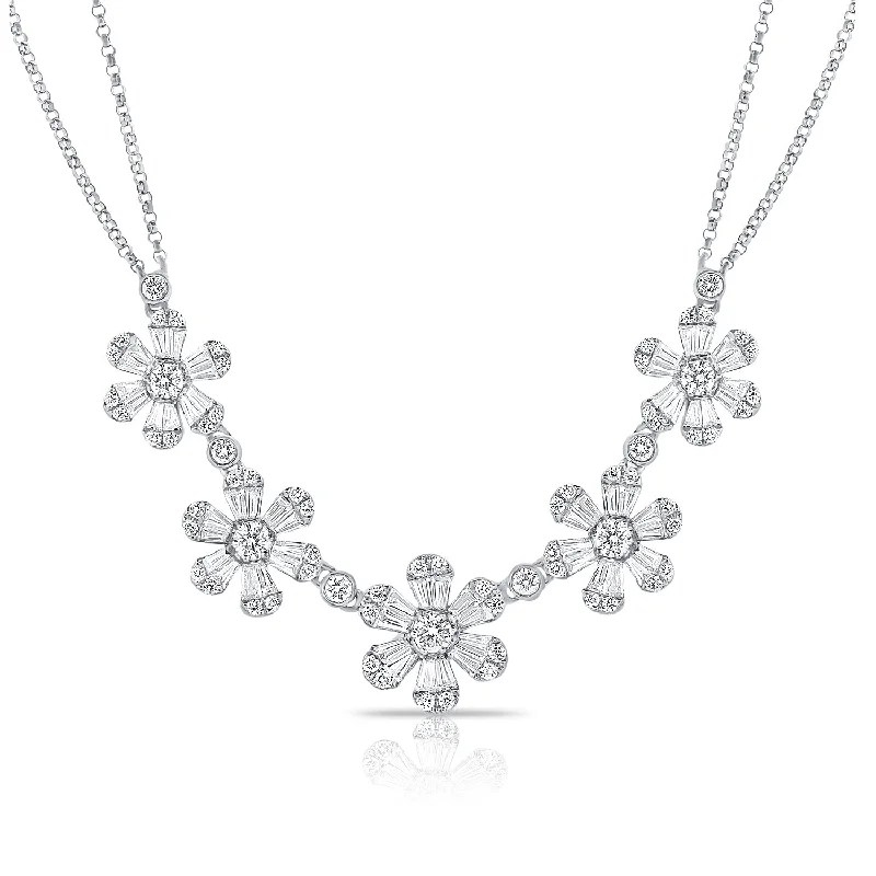 small diamond cross pendant 14K White Gold Baguette Diamond (5) Flower Necklace