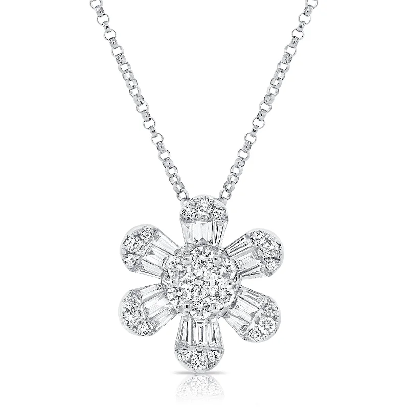 bezel set engagement ring modern 14k White Diamond Baguette Flower Large Pendant Necklace