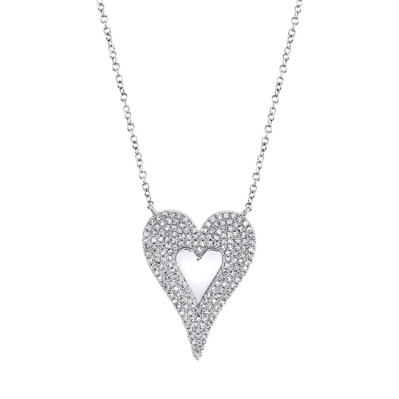 silver feather charm necklace 14k White Diamond Heart High polished center Large Necklace