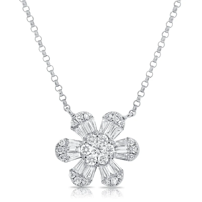 handcrafted sterling silver necklace 14K White Gold Baguette Diamond Medium Flower Necklace