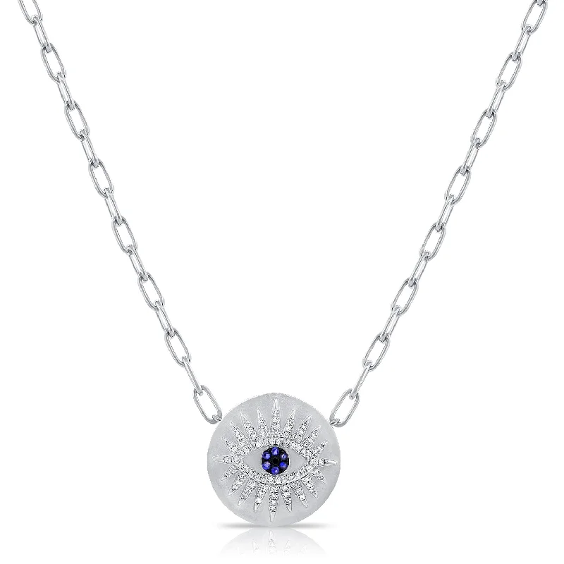 elegant pearl bridal set 14K White Gold Diamond + Blue Sapphire Evil Eye Necklace