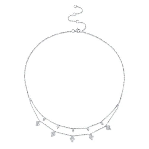 dainty silver hamsa bracelet 14K White Gold Diamond Charm Double Row Necklace