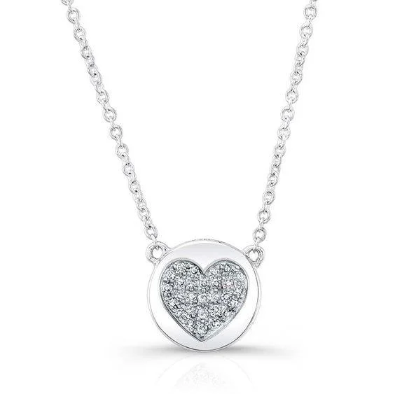 celestial galaxy planet necklace 14K White Gold Diamond Double Sided Disc and Pave Heart Pendant