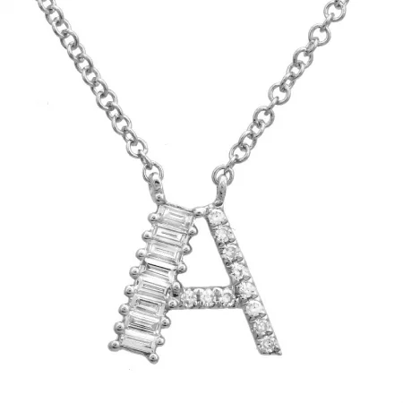 celestial moon and star necklace 14K White Gold Round & Baguette Diamond Initial Necklace