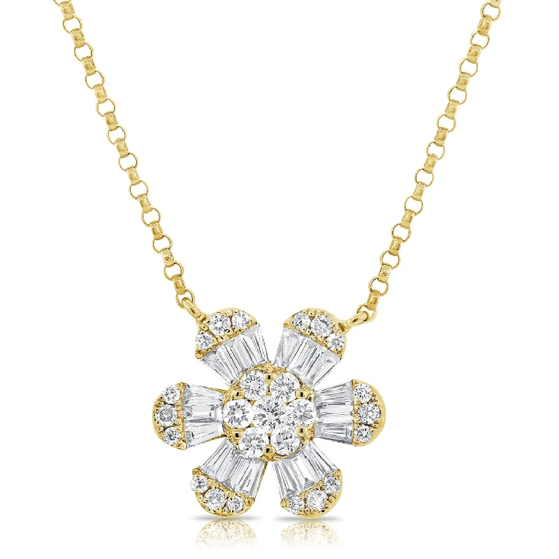 natural crystal pendant necklace 14K Yellow Gold Baguette Diamond Medium Flower Necklace